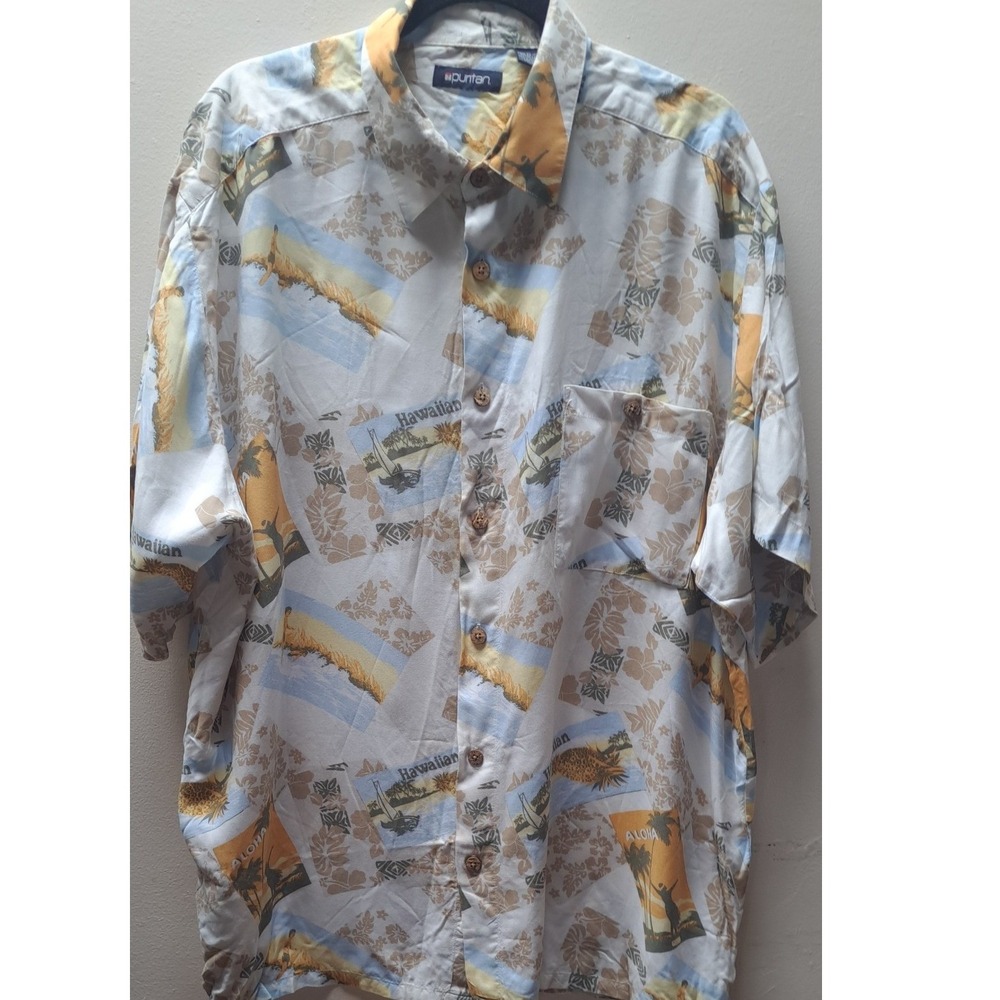 Puritan Mens XL Hawaiian Postcard Floral Rayon Short Sleeve Button Up Shirt Tan